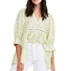 Free People Line combo time out plaid Lace Trim Blouse